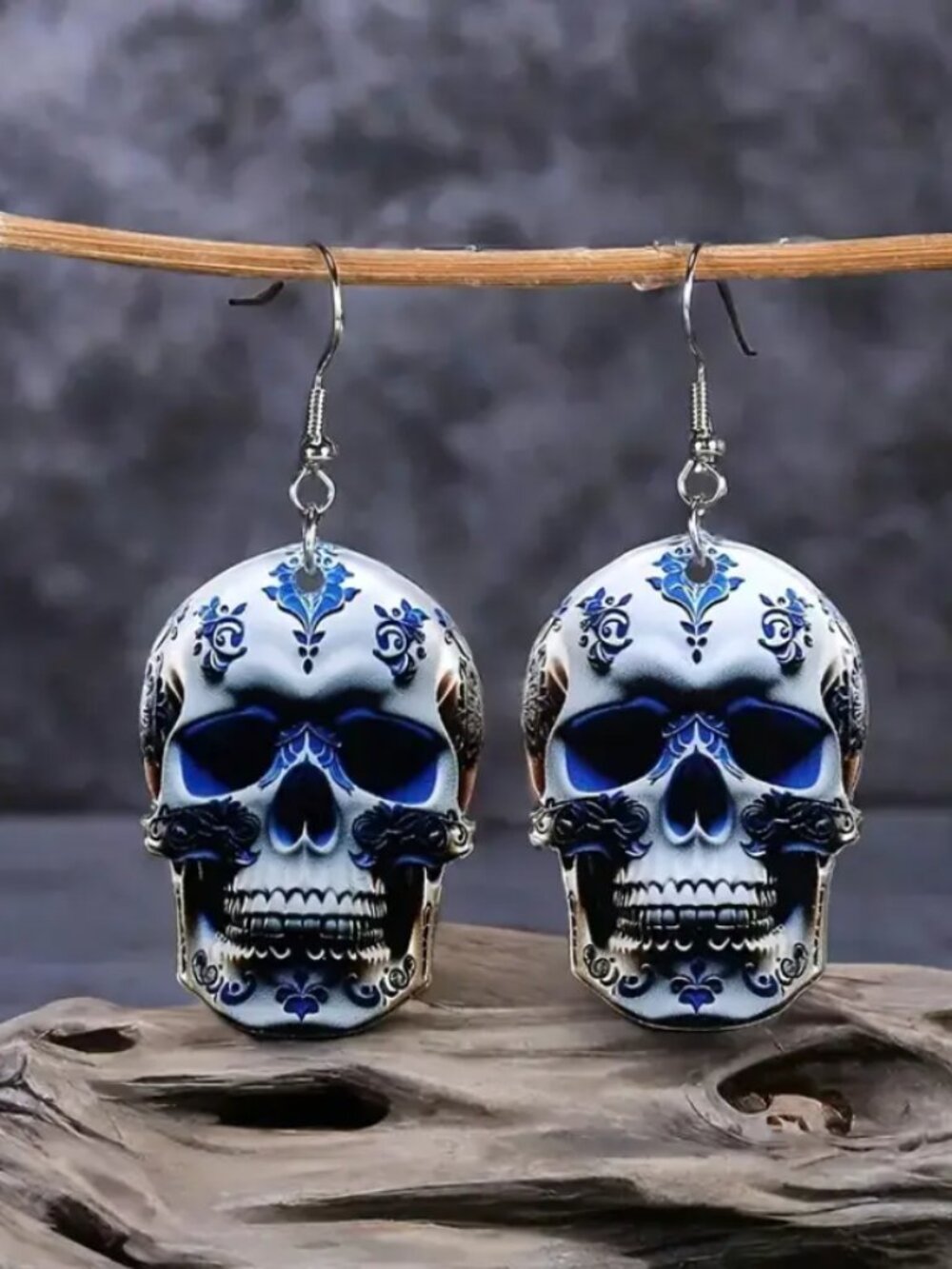 Cute Blue & White Sugar Skull Acrylic Earrings - NEW